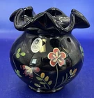 Signed Stan Fenton Black Amethyst Art Glass Vase Hand Painted by L Emerson