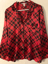 Victoria Secret Pajama Top Satin Sleep Shirt sz L Red Button up Women's Plaid