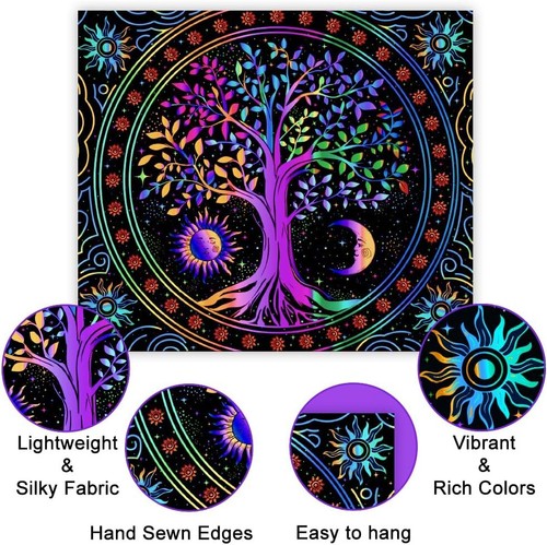 Blacklight Tapestry for Bedroom - Tree of Life Trippy Tapestry with Sun and Moon - Picture 5 of 7