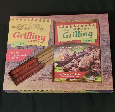 Grilling Recipes Gift Set,Recipe Book by Sheryn R. Jones + 4 Skewers Brand New
