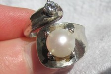 Hammered Sterling Silver Adjustable SZ 7 Bypass Wrap Ring White Pearl and CZ