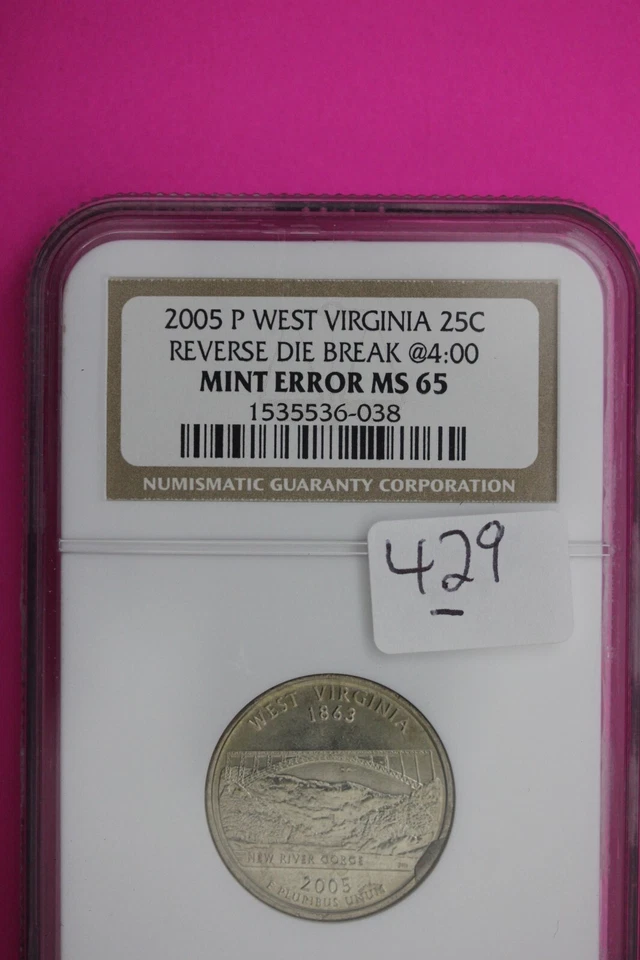 2005 P MS 65 Mint Error Die Break West Virginia Clad State Quarter NGC Slab 429 - Image 3 of 3