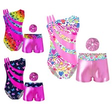 Kids Girls Leotard Athletic Dancewear Shiny Shorts Skating Outfit Stage Set