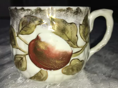 RARE Antique PORCELAIN Blush RED APPLE Gold Highlight 10oz MUSTACHE Cup MUG 3" T