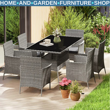7 Piece Rattan Garden Furniture Set with Cushions 6 Seater Dining Table & Chairs