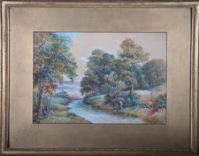 J. Hickin - Late 19th Century Watercolour, Two Figures by Small River