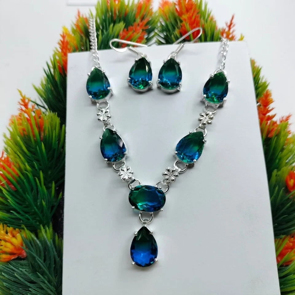 Bi Color Tourmaline Quartz Gemstone Silver Plated Earrings Necklace Jewelry Set - Image 2 of 3