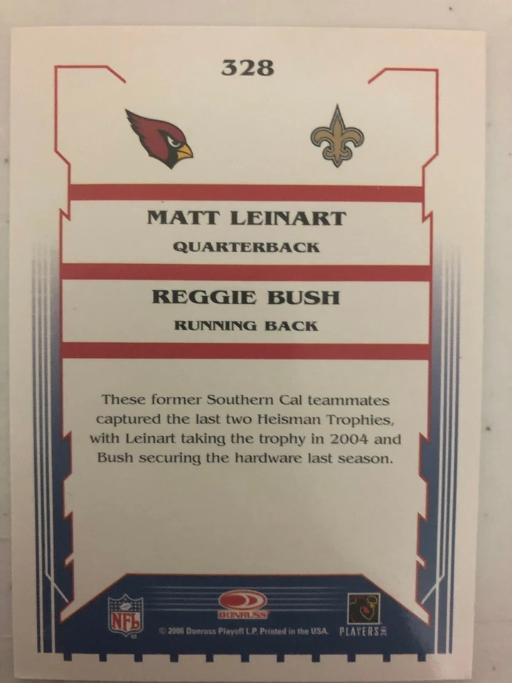 2006 Score Glossy Football Card #328 Matt Leinart/Reggie Bush -Cardinals/ Saints - Image 2 of 2