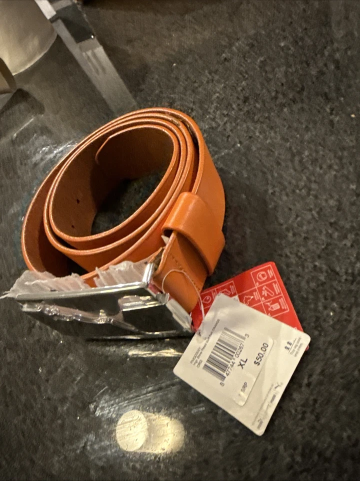 Cinturón de golf Puma para hombre con hebilla cuadrada tono plateado talla XL 110 cm cuero naranja nuevo Foto 4 de 4