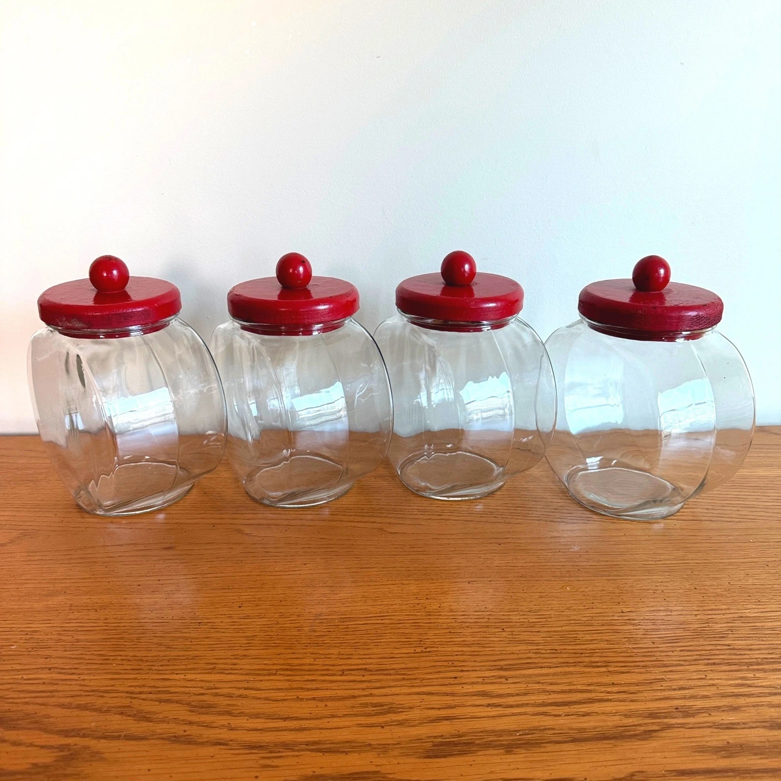 Set of 4 Vintage Glass Candy Jars & Lids General Store Kitchen Canister Storage