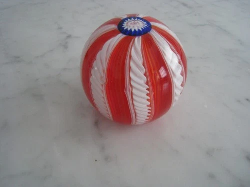 Vintage Italian Murano Glass Red White & Blue Paperweight - Fratelli Toso