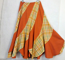Vintage 70s Handmade High Waist Maxi Skirt Orange Plaid Cotton 31  Waist