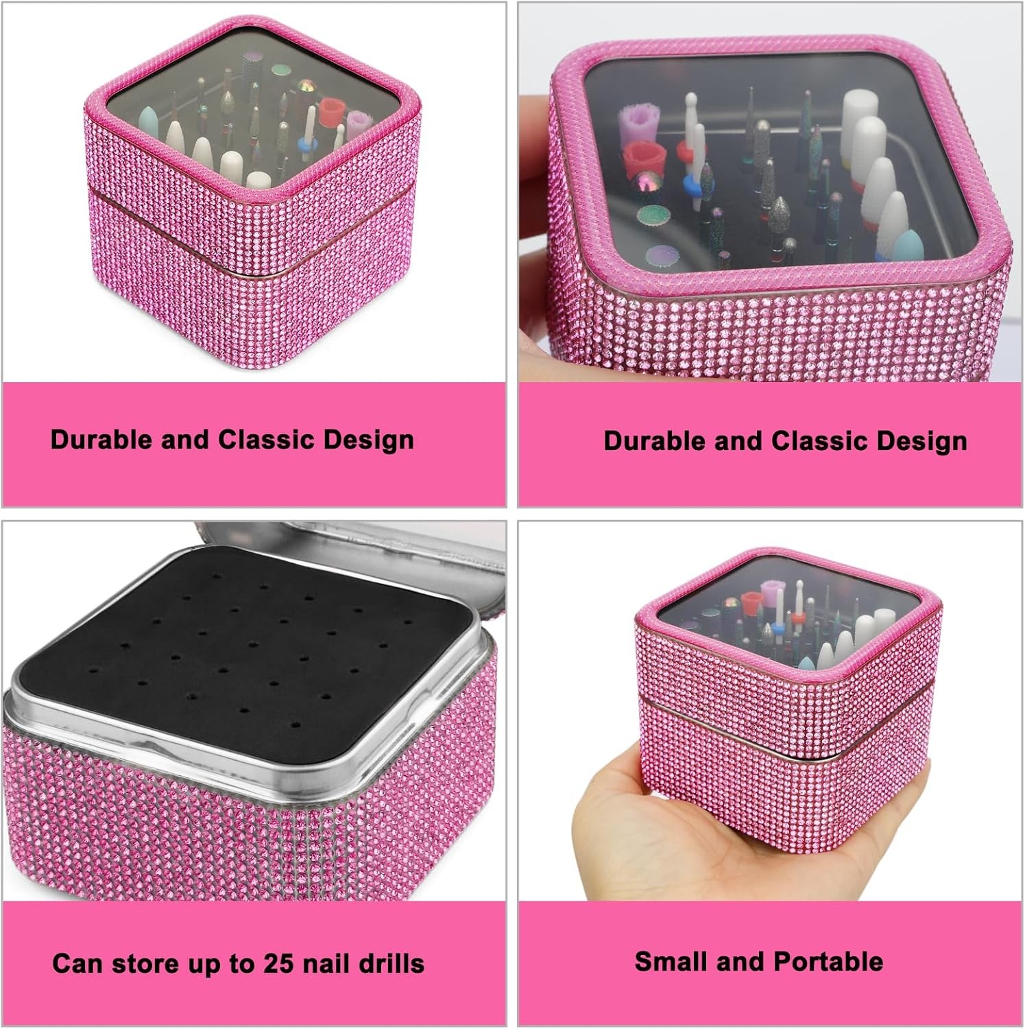 Nail Drill Bits Holder Rhinestone Case Box- 30 Holes Dustproof 30 Holes, Pink 