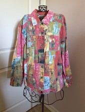 VTG Chicos Design Multicolor Abstract Art Linen Cotton Jacket Sz L Button Front
