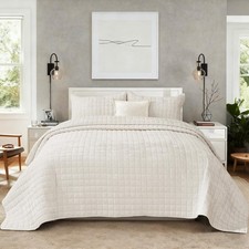 COCOPLOCEUS King Size Velvet Quilt Set 3 Piece with 2 Pillow Shams - Cream White
