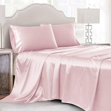 4 Pcs Blush Pink Satin Sheets Full Size Silky Satin Bedding Sheets Set with 1