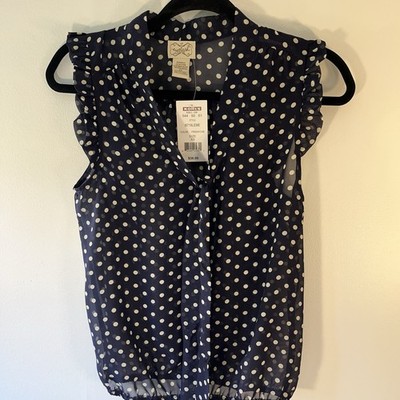 Eyelash couture Shirt Women's Size XS Navy Blue White Polka Dots Semi-Sheer Tie