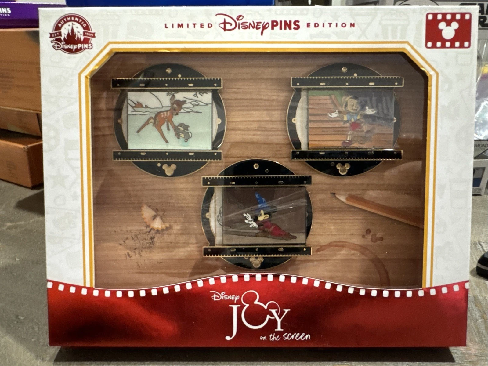 Disney D23 2024 Joy On The Screen LE 200 Box 3 Pin Set Bambi Pinocchio Mickey