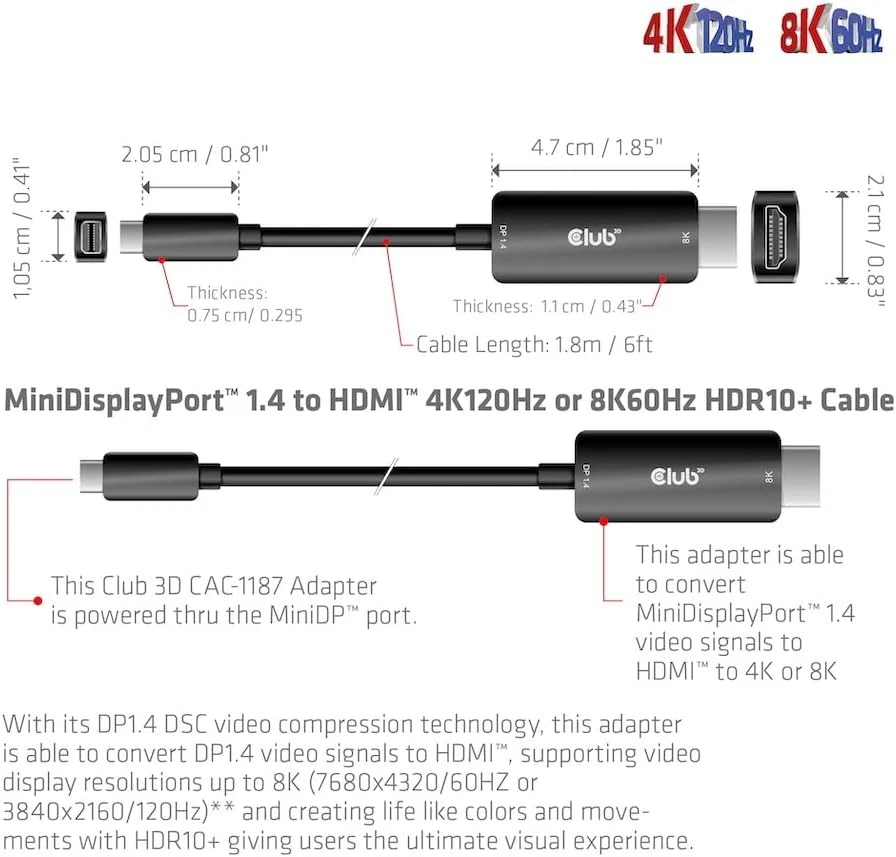 Club 3D CAC-1187 MiniDisplayPort™ 1.4 to HDMI™ 4K120Hz or 8K60Hz HDR10+ Cable 1. - Image 4 of 4