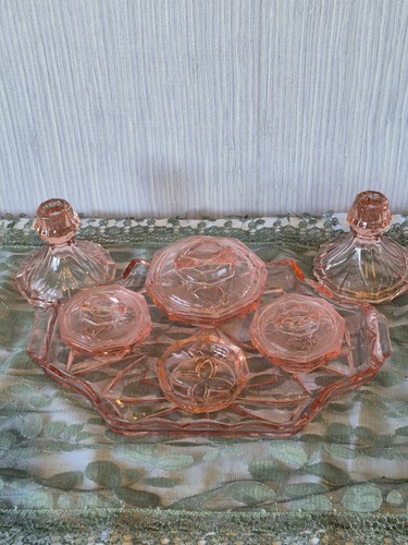 Vintage 7 Piece Pink Glass Art Deco Dressing Table Vanity Set 1930s