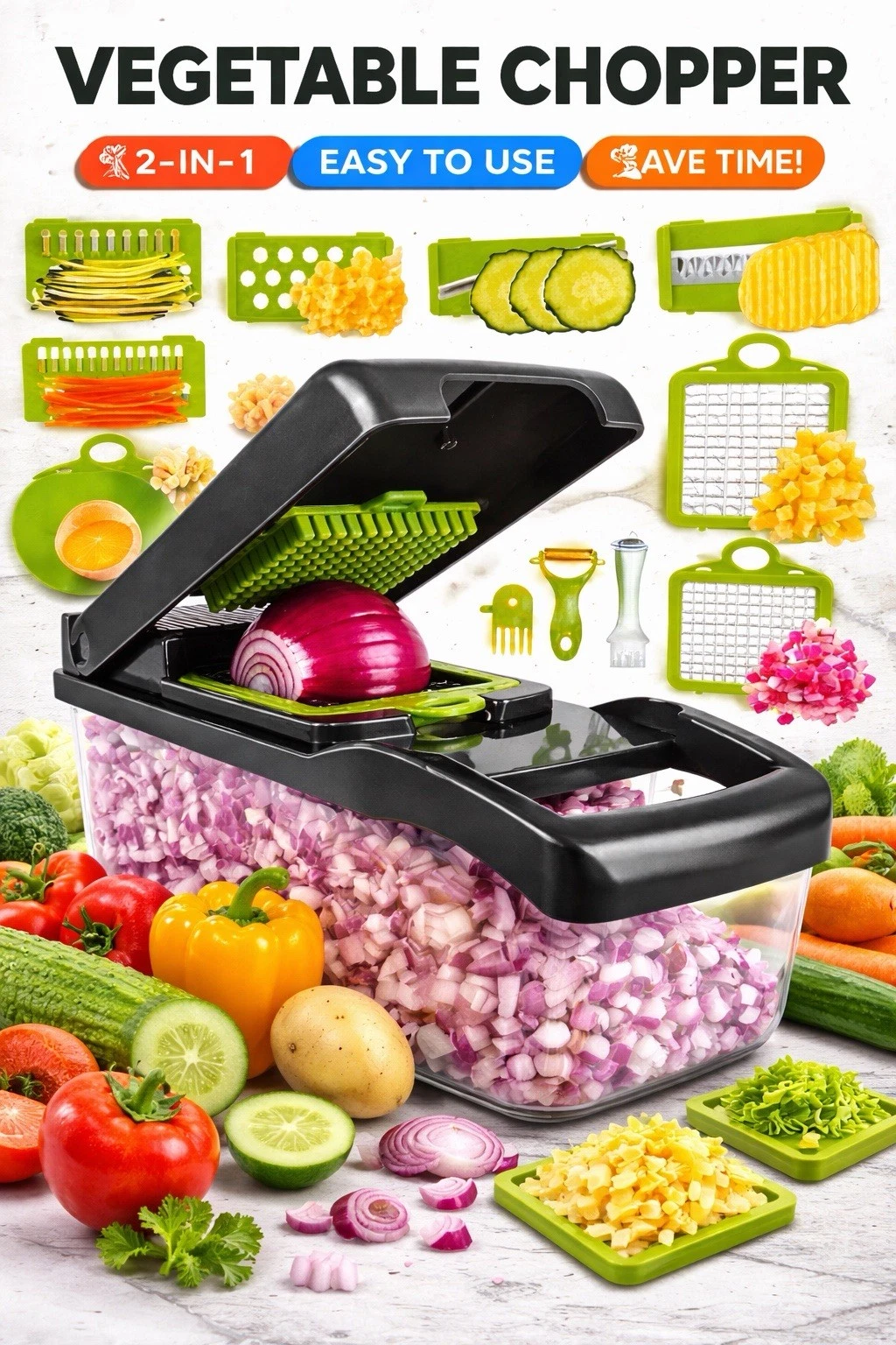 Professional Compact Vegetable Chopper, Food Cutter Chopper Mandoline Slicer (9
