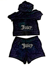 179 NEW JUICY COUTURE French Terry Velour 2 pc Bling Hoodie Shorts Set Black L