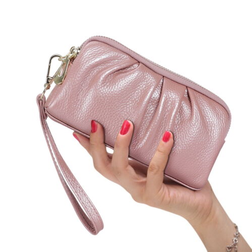 Pink Womens Leather Zipper Wallet Clutch Large Capacity Handbag with Wristlet - Afbeelding 1 van 5