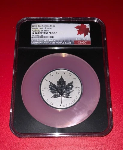 2018 Canada 3oz $50 Silver Maple Leaf Coin-Incuse-NGC PF70 Rev Proof-FDOI-Box