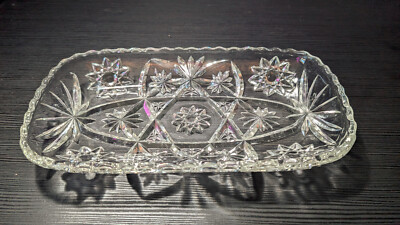 Used Vintage Cut Glass Bread/Serving Tray Platter with Flowers/Stars design