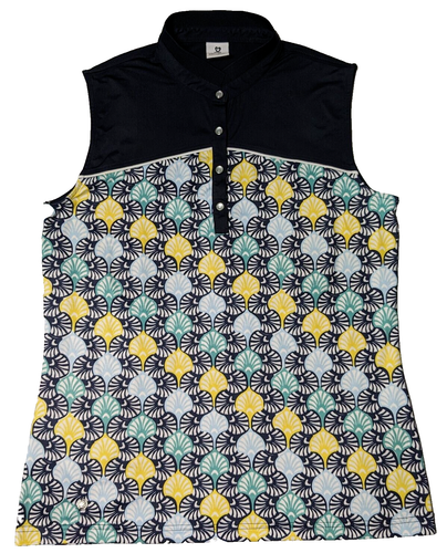 DAILY SPORTS Women Medium Scallop GEO Blue Multi Sleeveless Golf Polo Shirt EUC - Picture 1 of 16