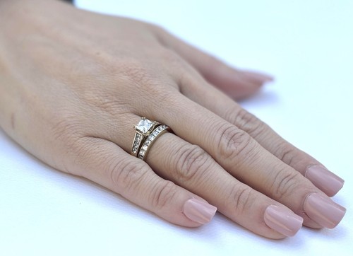 Couples Ring Set 14K Gold Plated 5mm Princess CZ Wedding Ring Mens Gold Plated F - 第 4/9 張圖片