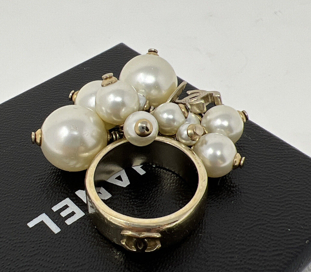 Vintage Chanel CC Logo and Cluster Of Faux Pearl Ring Size 6 Vintage Chanel CC Logo and Cluster Of Faux Pearl Ring Size 6