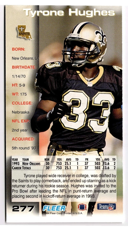 1994 Fleer GameDay - #277 Tyrone Hughes (RC) New Orleans Saints - Image 2 of 2