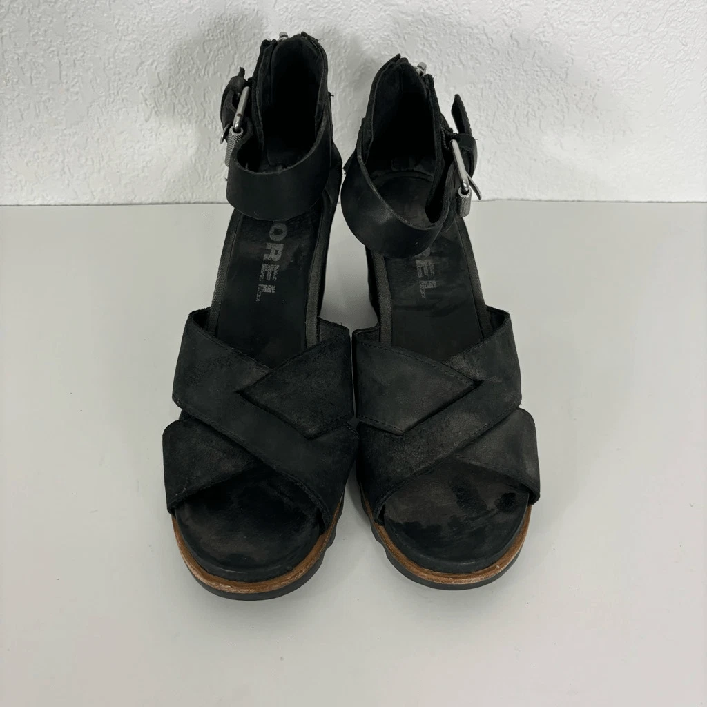 sorel leather wedge open toe ankle strap shoes