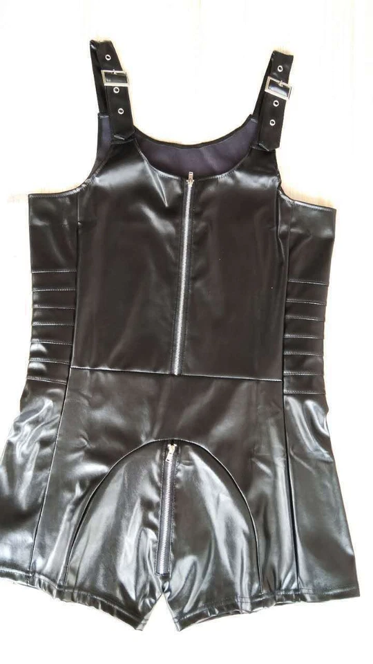 Fetish Men Male PU Leather Tank Bodysuit Clubwear Vest Catsuit Jumpsuit Playsuit - Image 3 of 4