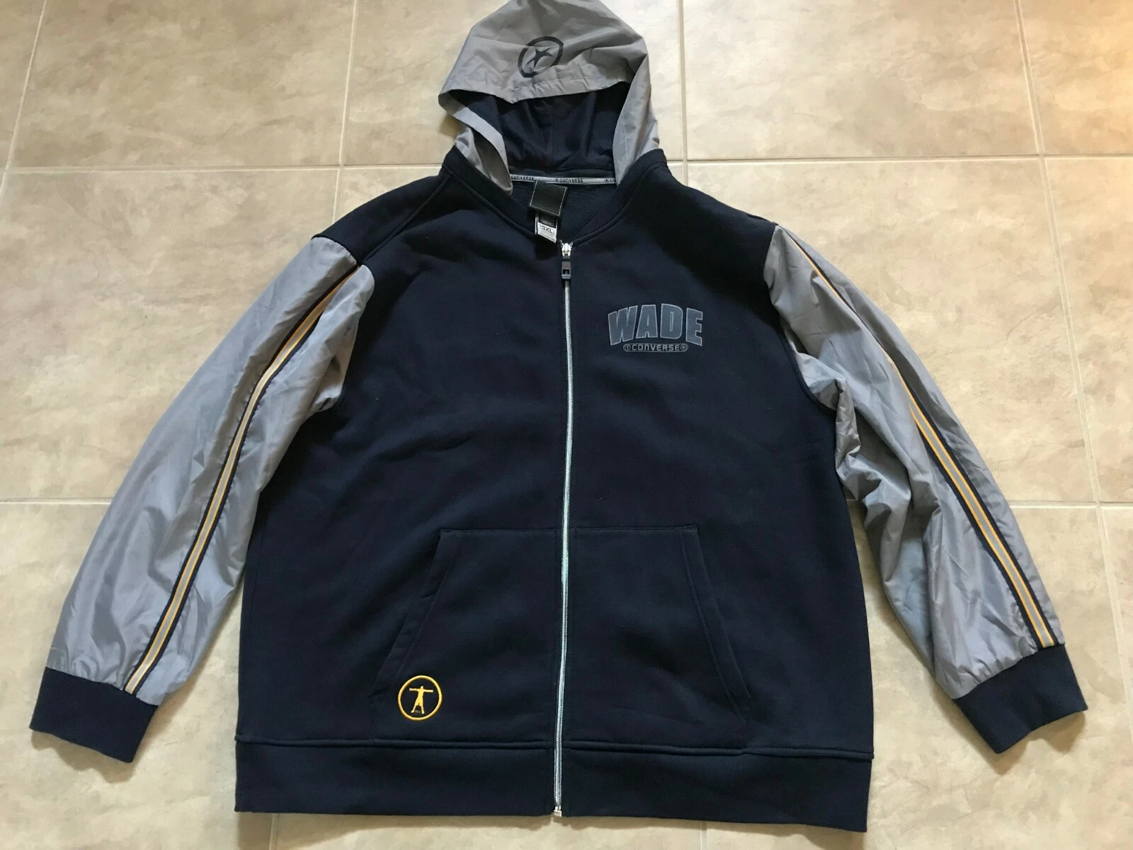 Converse Dwyane Wade Full Zip Hoodie Letterman's Jacket Blue w/ Gray NICE 3XL