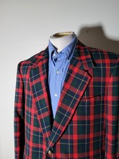 40R Vintage Red Green Blue Wool Pinpoint Tartan Plaid Blazer Jacket Sport Coat