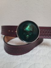 Hand Tooled Leather Belt With Metal And Green Resin Skull Buckle Up To 43" Waist