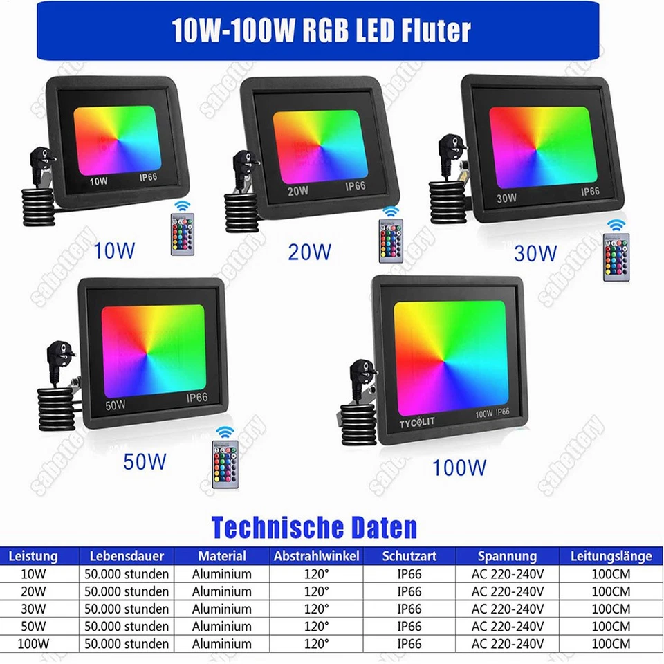 RGB LED Fluter Außen Strahler Dimmbar Flutlicht Scheinwerfer Gartenlampe 10-100W - Bild 3 von 4