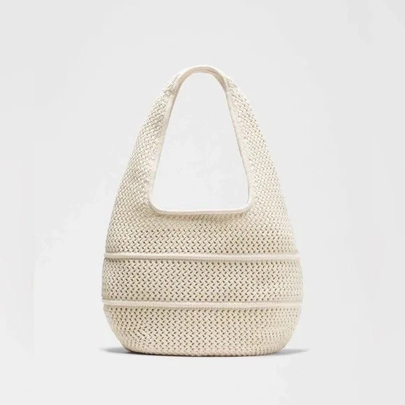 Lululemon Cotton Crochet Shoulder Bag OS Ivory Textured Knit Summer Tote - Image 3 of 4