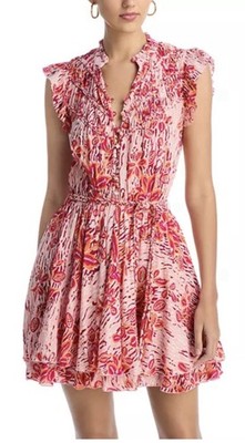Poupette St Barth Callie Pink Exotic Forest Print Mini Fit & Flare Dress Belt L