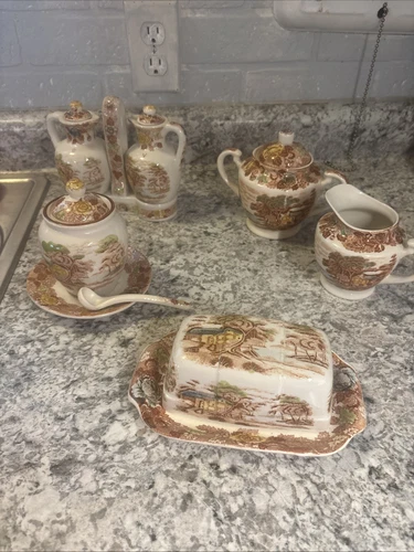 Vintage Nasco Mountain Woodland Kitchen Set Oil/Vin Butter Jelly Jar Cream Sugar