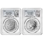 2023 $1 Morgan and Peace Silver Dollar 2pc Set PCGS MS70 FS Morgan & Peace