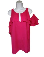 Bold Elements Luau Hot Barbie Pink Cold Shoulder Ruffle Cutout Gold Bar Top L Nw