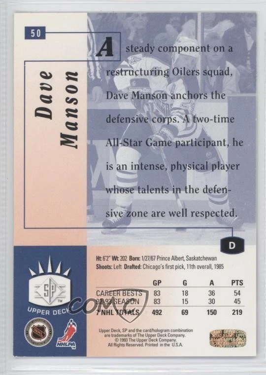 1993-94 Upper Deck SP Insert Dave Manson #50 - Image 2 of 2