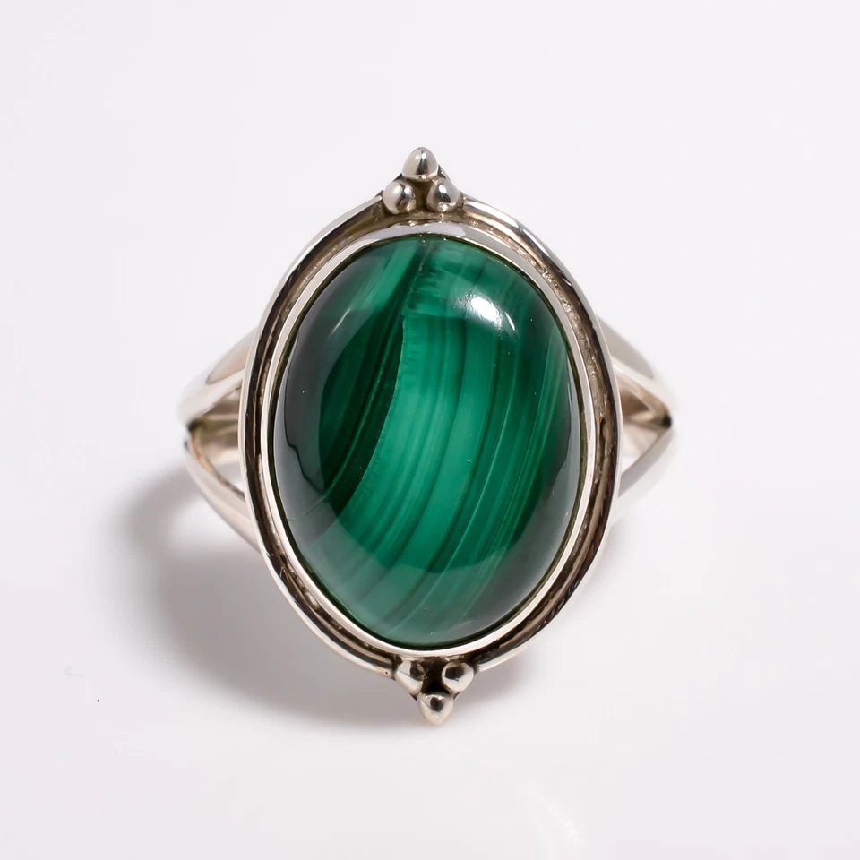 Anillo de piedras preciosas de malaquita natural hecho a mano anillo de plata de ley 925 todos los tamaños Foto 3 de 4