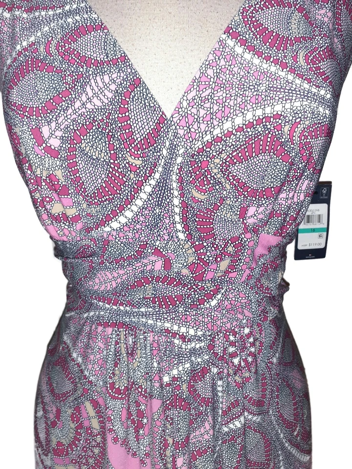 NEW TOMMY HILFIGER Sz 16 A-Line Dress Pink Black Floral Sleeveless Stretch Midi - Image 2 of 4