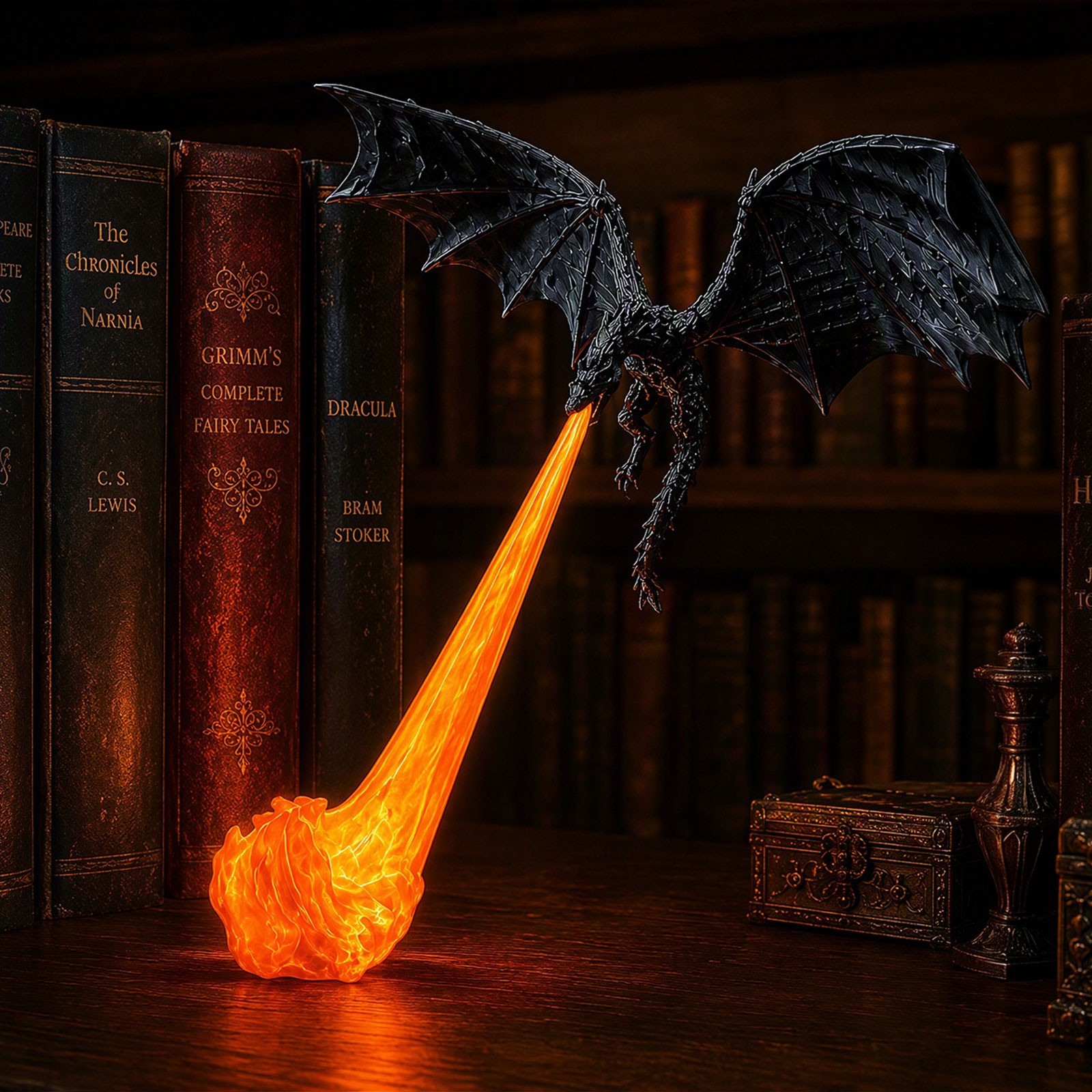 Fire‑Breathing Dragon LED Light Resin Statue Bookshelf Bookend Decor Ornament