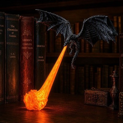 Fire Breathing Dragon LED Light Resin Statue Bookshelf Bookend Decor Ornament