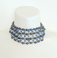 Beautiful Vintage Faux Blue Crystal  Pearl Wide Collar Necklace Screw Clasp